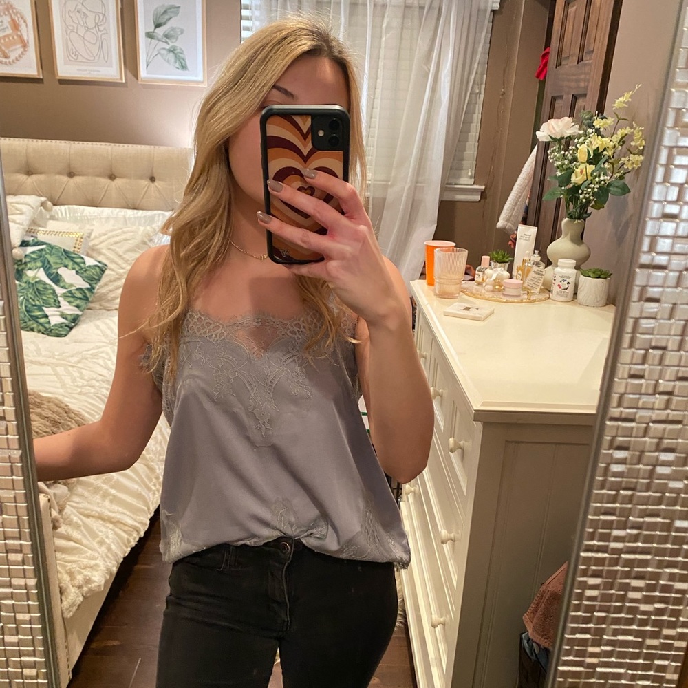 Gray Lace Silk Camisole Top